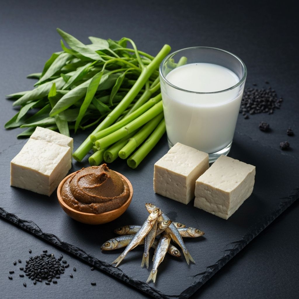 Calcium-rich foods including leafy greens and sesame